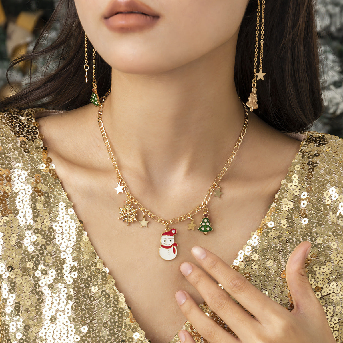 Wholesale Retro Creative Christmas Snowman Pearl Dripping Oil Necklace